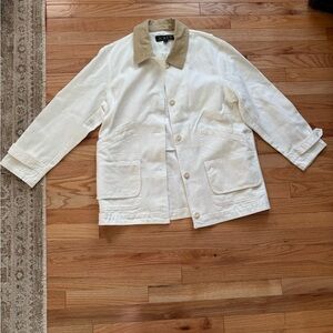 J. Crew White Barn Jacket with Tan Corduroy Collar Size M, Runs Large, Like New